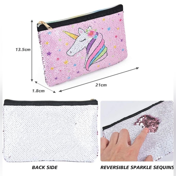 WERNNSAI Unicorn Makeup Bag - Reversible Sequin Bag Sparkly Pink Zipper - Picture 3 of 4